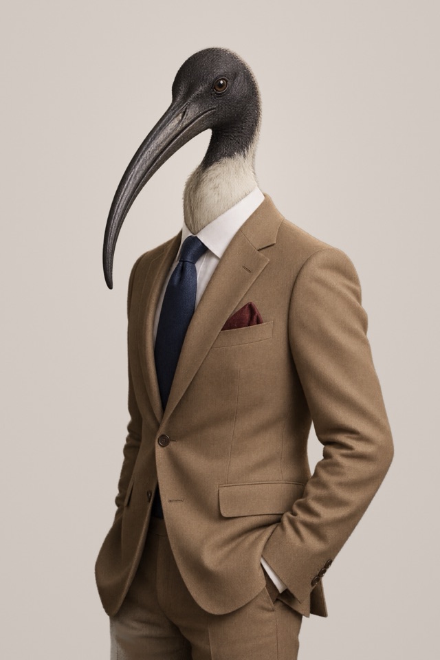 Ansel, Handover: rendered portrait of a sacred ibis with a long decurved black bill, in a camel suit with a navy tie.