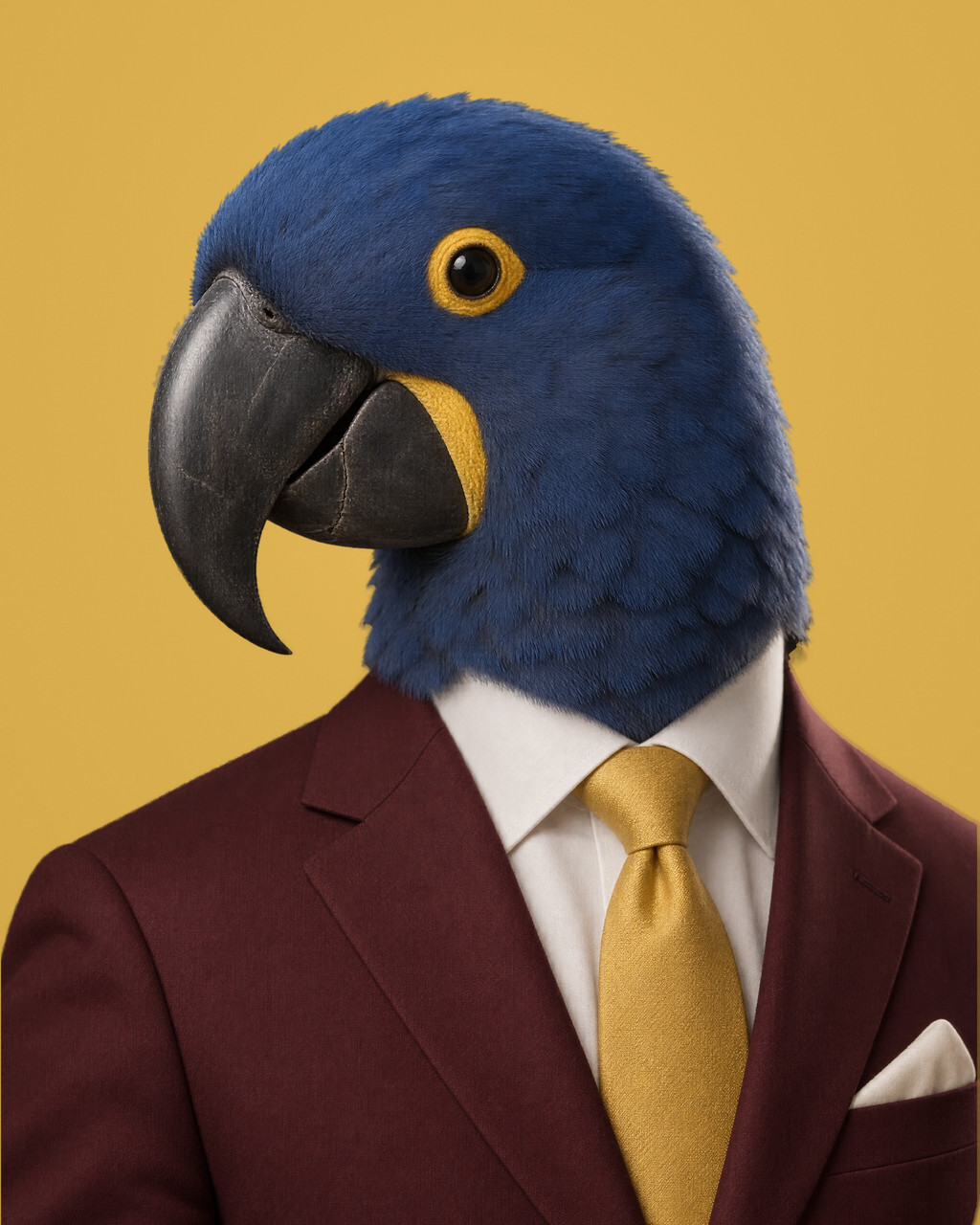 Auden: rendered portrait of a hyacinth macaw with deep cobalt-blue feathering and a yellow eye-ring, in a deep oxblood suit with a chrome-yellow tie.