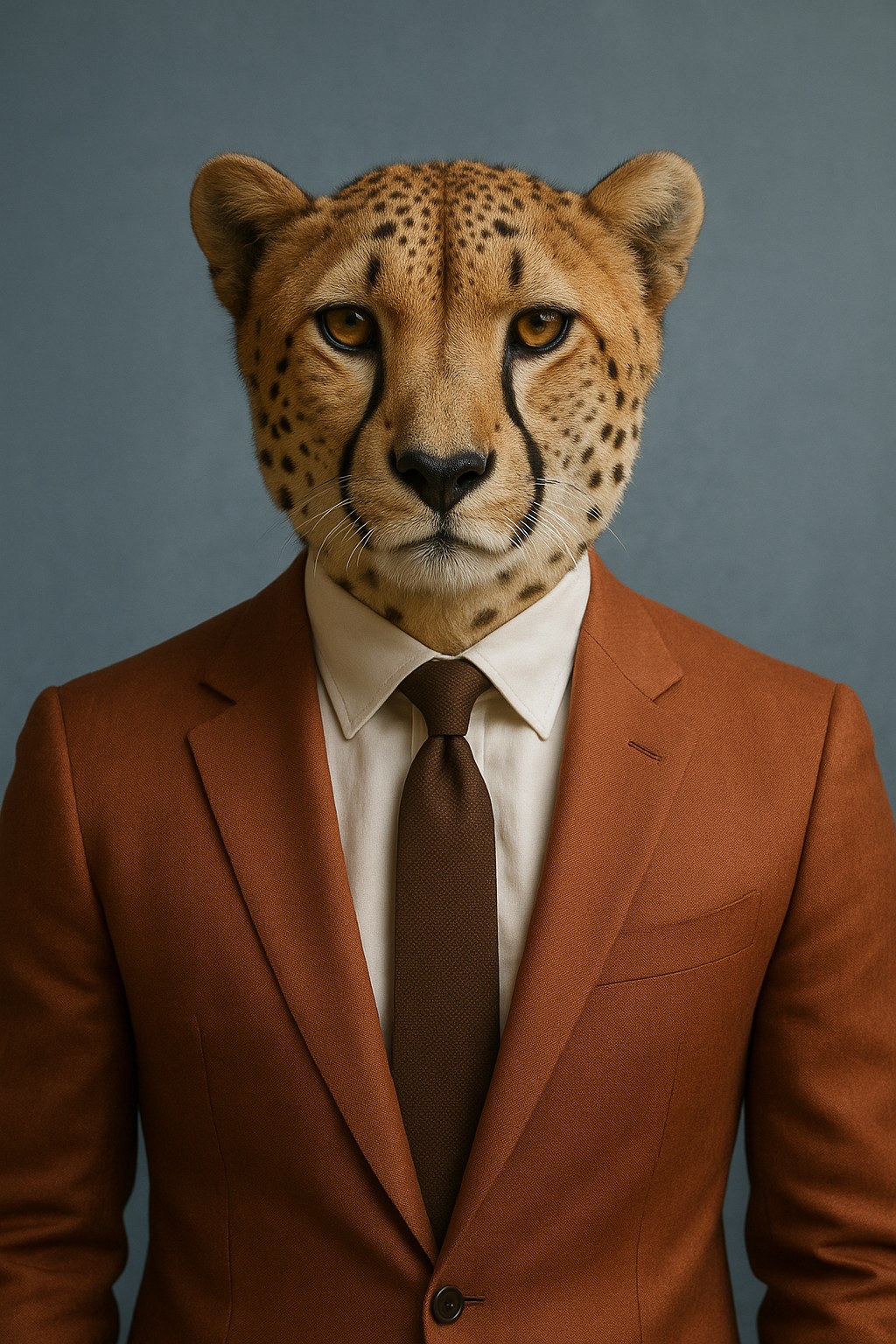Camilla: rendered portrait of a cheetah in a rust-orange suit with a brown tie.