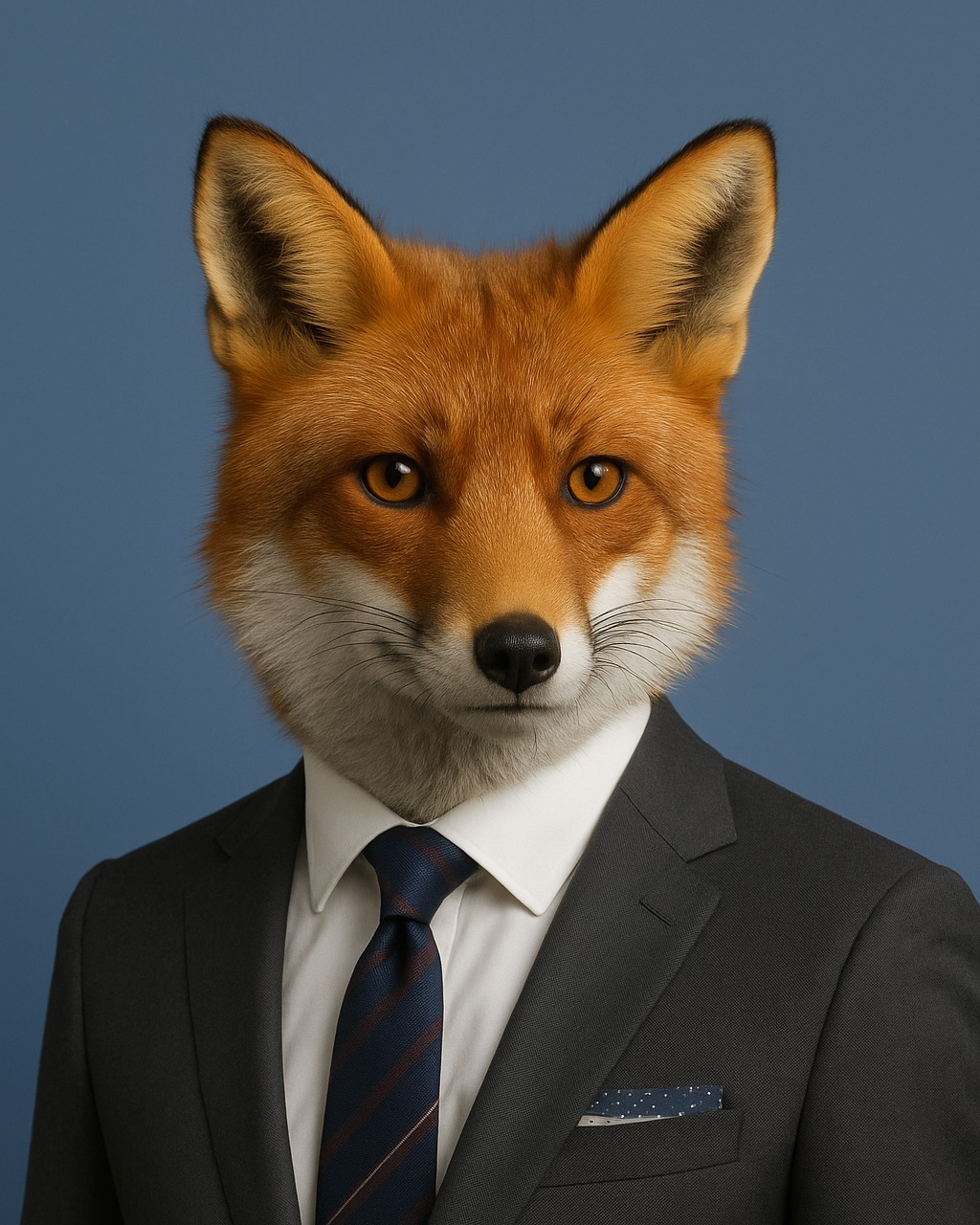 Ember: rendered portrait of a red fox in a charcoal suit with a navy striped tie.