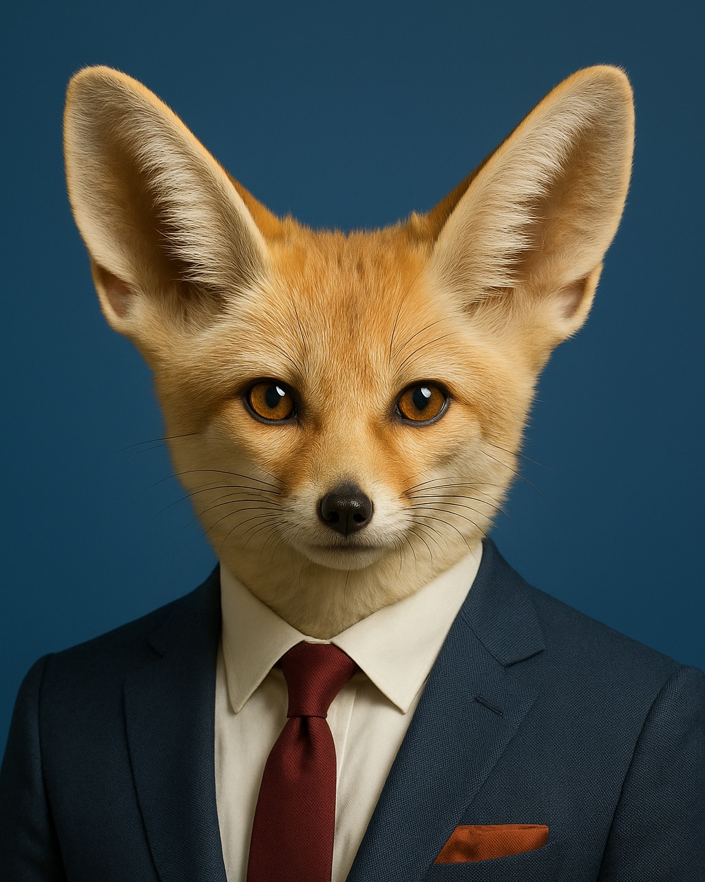 Emerson: rendered portrait of a fennec fox in a navy suit with a burgundy tie.