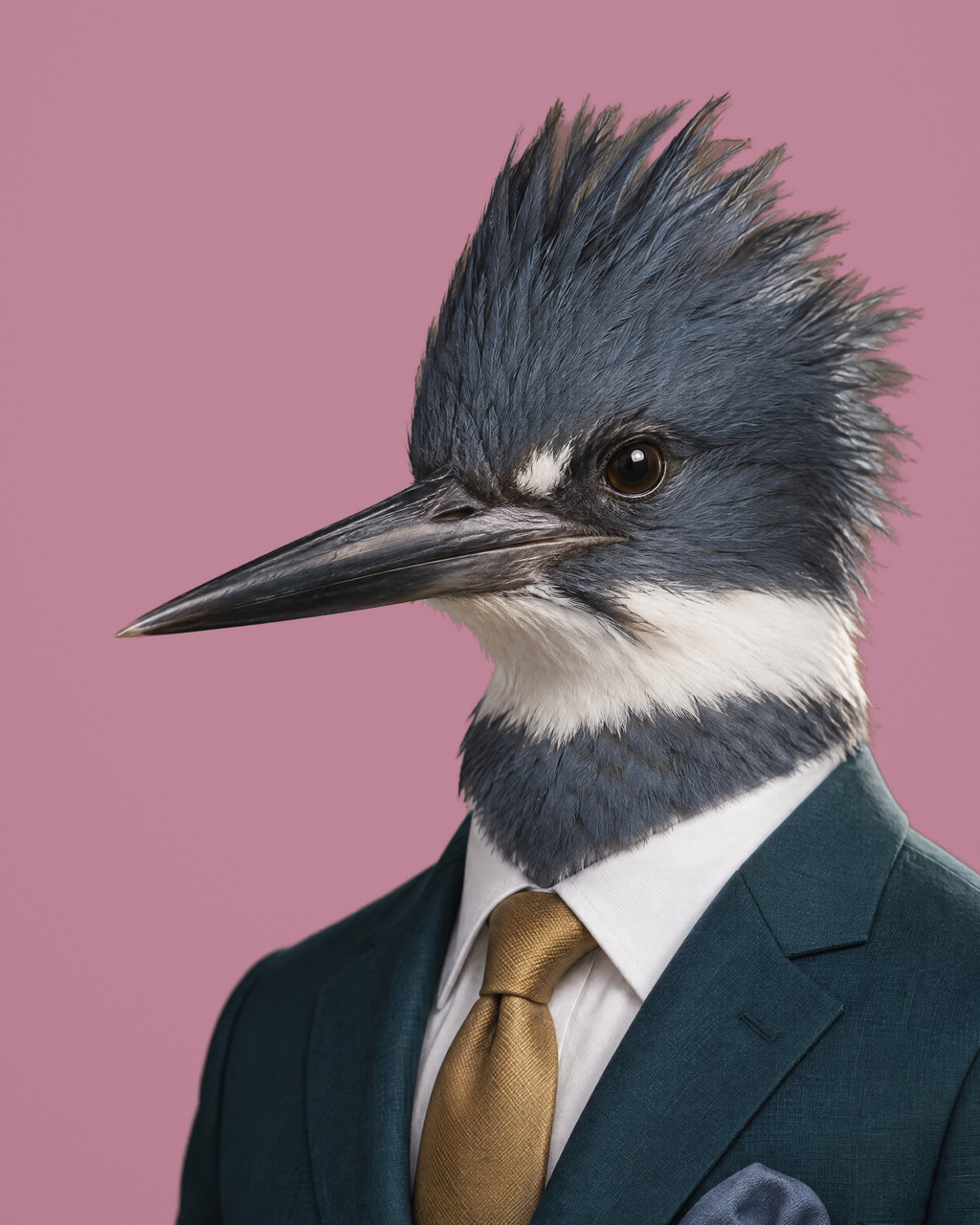 Fabian: rendered portrait of a belted kingfisher in a petrol-teal suit with a gold tie and slate-blue pocket square.