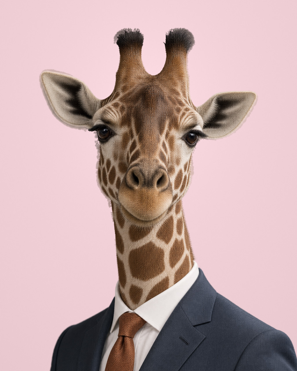 Greer: rendered portrait of a reticulated giraffe with a fine chestnut and cream coat pattern, in a slate-blue-grey suit with a rust tie.