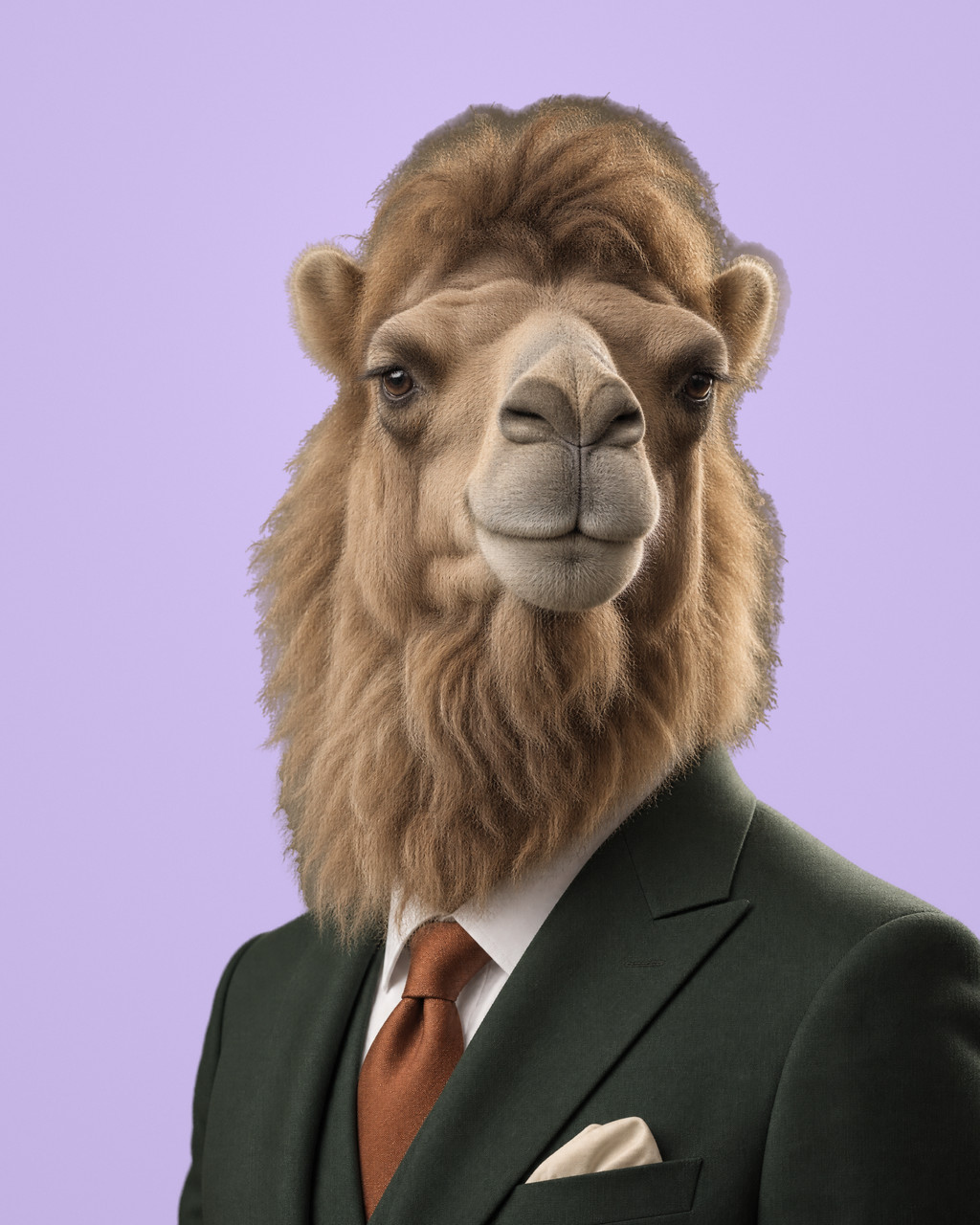 Hayward: rendered portrait of a Bactrian camel with a shaggy sun-bleached sandy-tan coat, in a deep bottle-green suit with a burnt-copper tie.