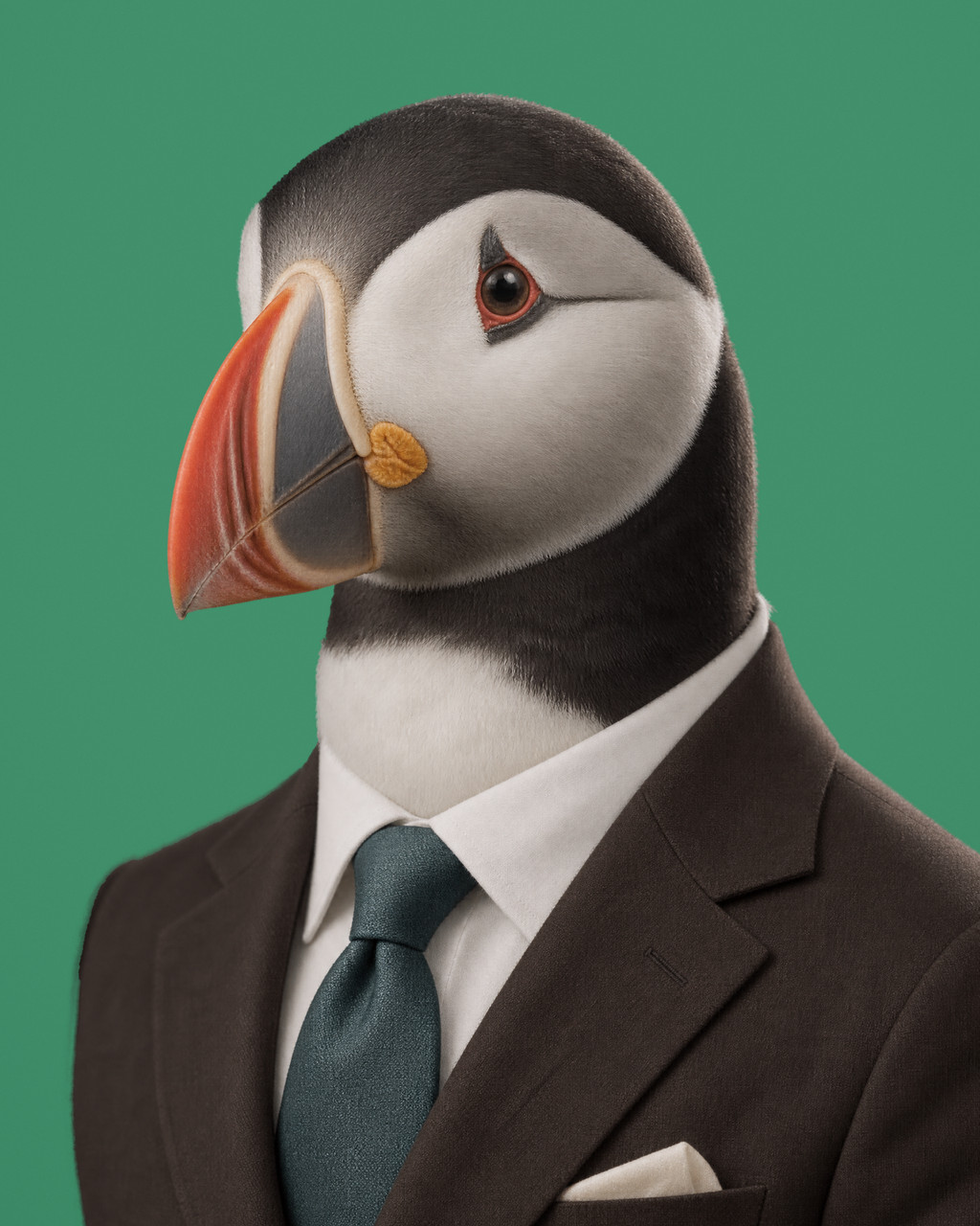 Hollis: rendered portrait of an Atlantic puffin with a banded orange and slate-blue bill, in a deep espresso-brown suit with a muted teal tie.