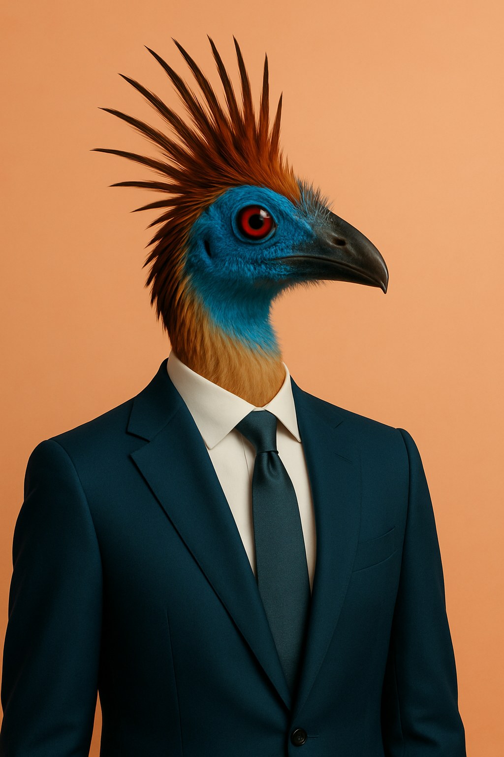 Iara: rendered portrait of a hoatzin with a blue face and a spiky rust-coloured crest, in a deep teal suit with a teal tie.