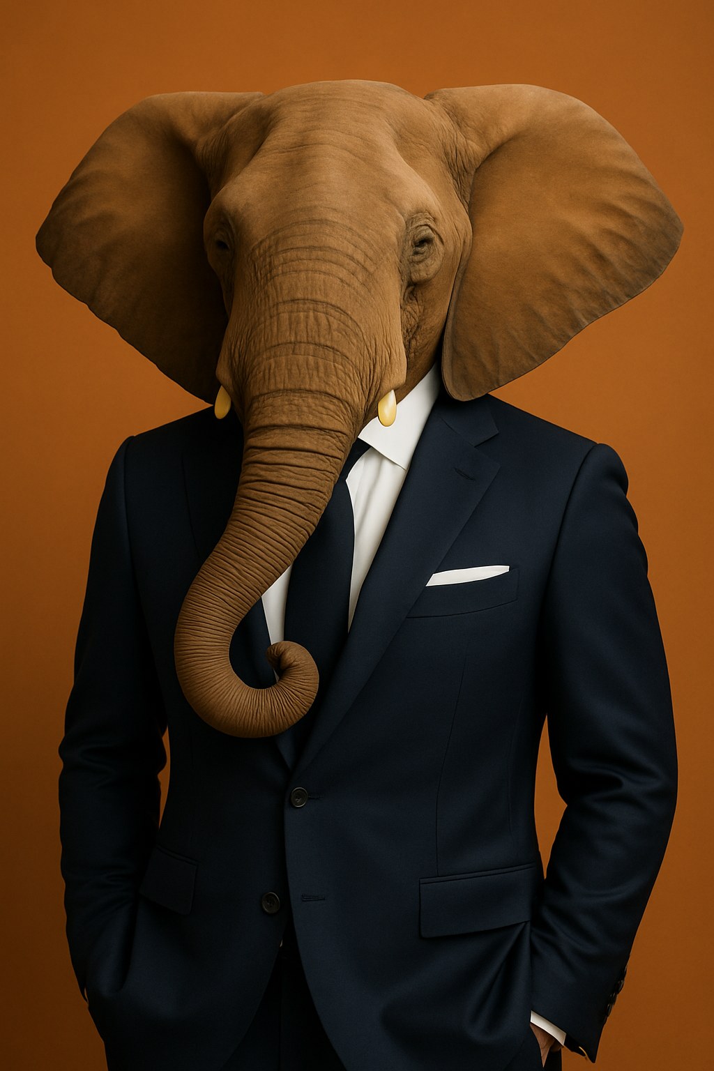 Imara: rendered portrait of an elephant in a navy suit with a dark navy tie.