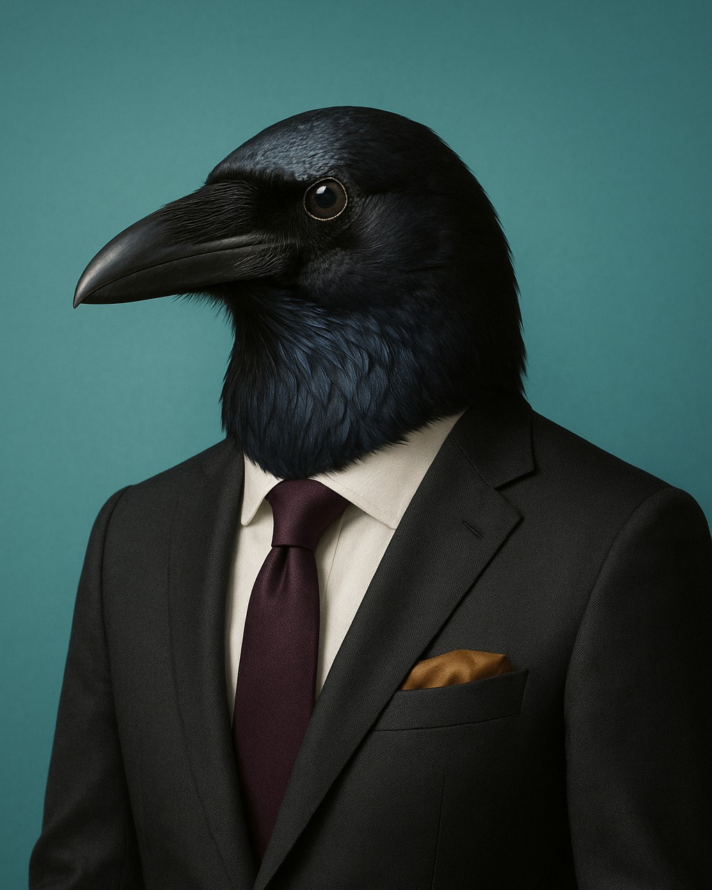 Indigo: rendered portrait of a raven in a charcoal suit with a burgundy tie.