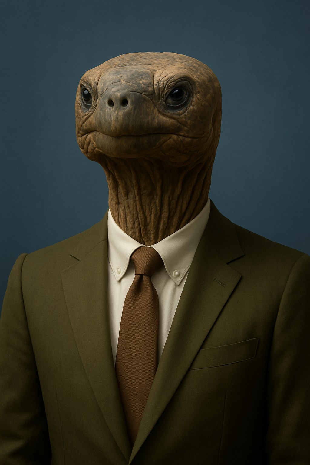 Inti: rendered portrait of a giant tortoise in an olive suit with a brown tie.