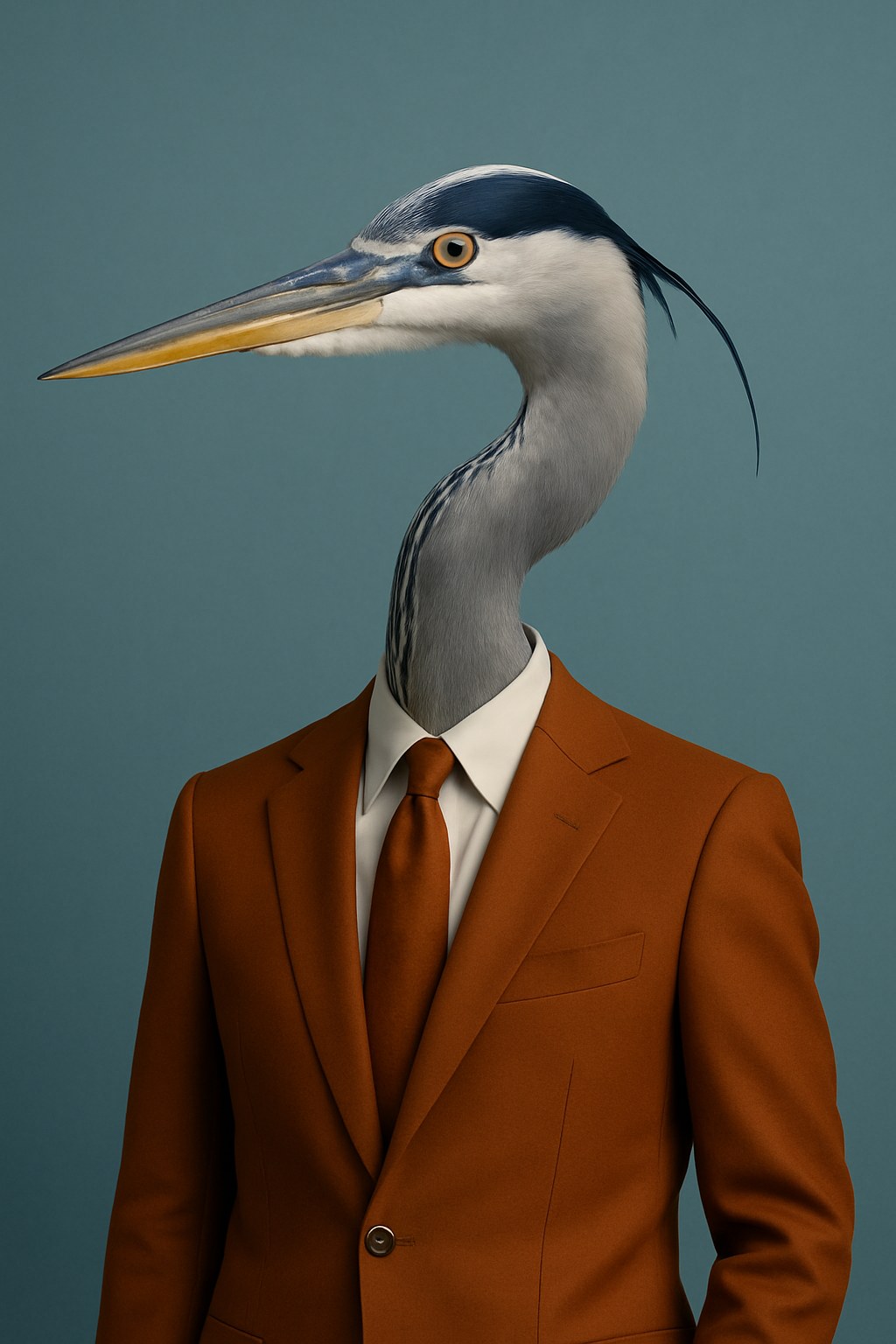 Iris: rendered portrait of a heron in a rust-orange suit with a rust-orange tie.