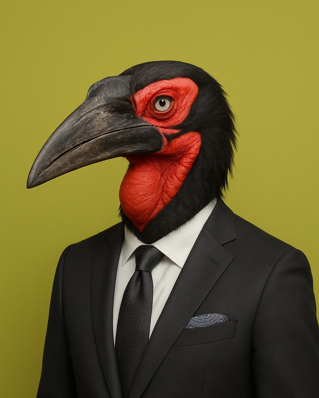 Kahua: rendered portrait of a ground hornbill with a red throat, in a charcoal suit with a dark grey tie.