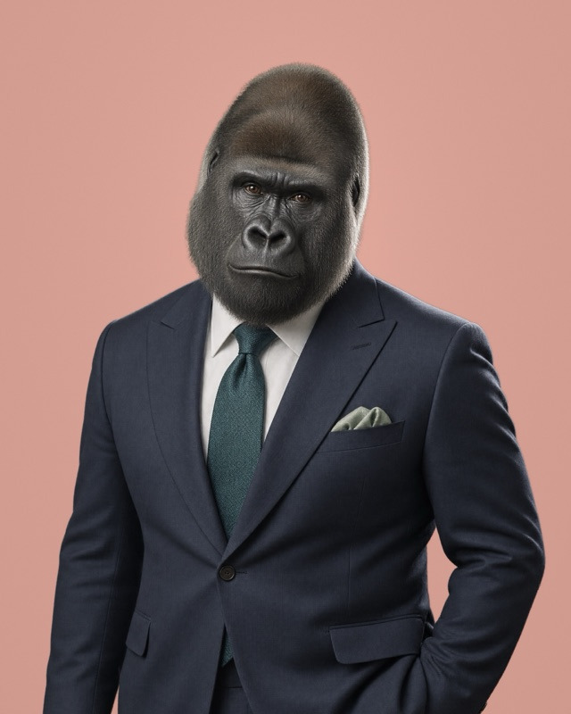 Kwitonda, Strategy: rendered portrait of a silverback gorilla in a navy suit with a dark teal tie and sage-green pocket square, facing the camera.