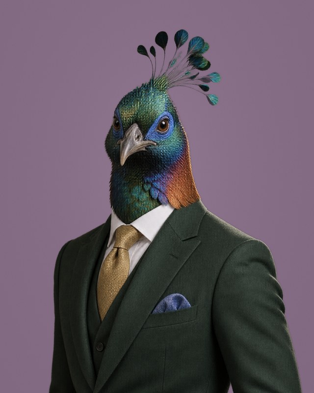 Linnea, Design: rendered portrait of a Himalayan monal pheasant with an iridescent green and copper head and a fine wire crest, in a deep forest-green three-piece suit with an antique-gold tie and periwinkle-blue pocket square, facing the camera.