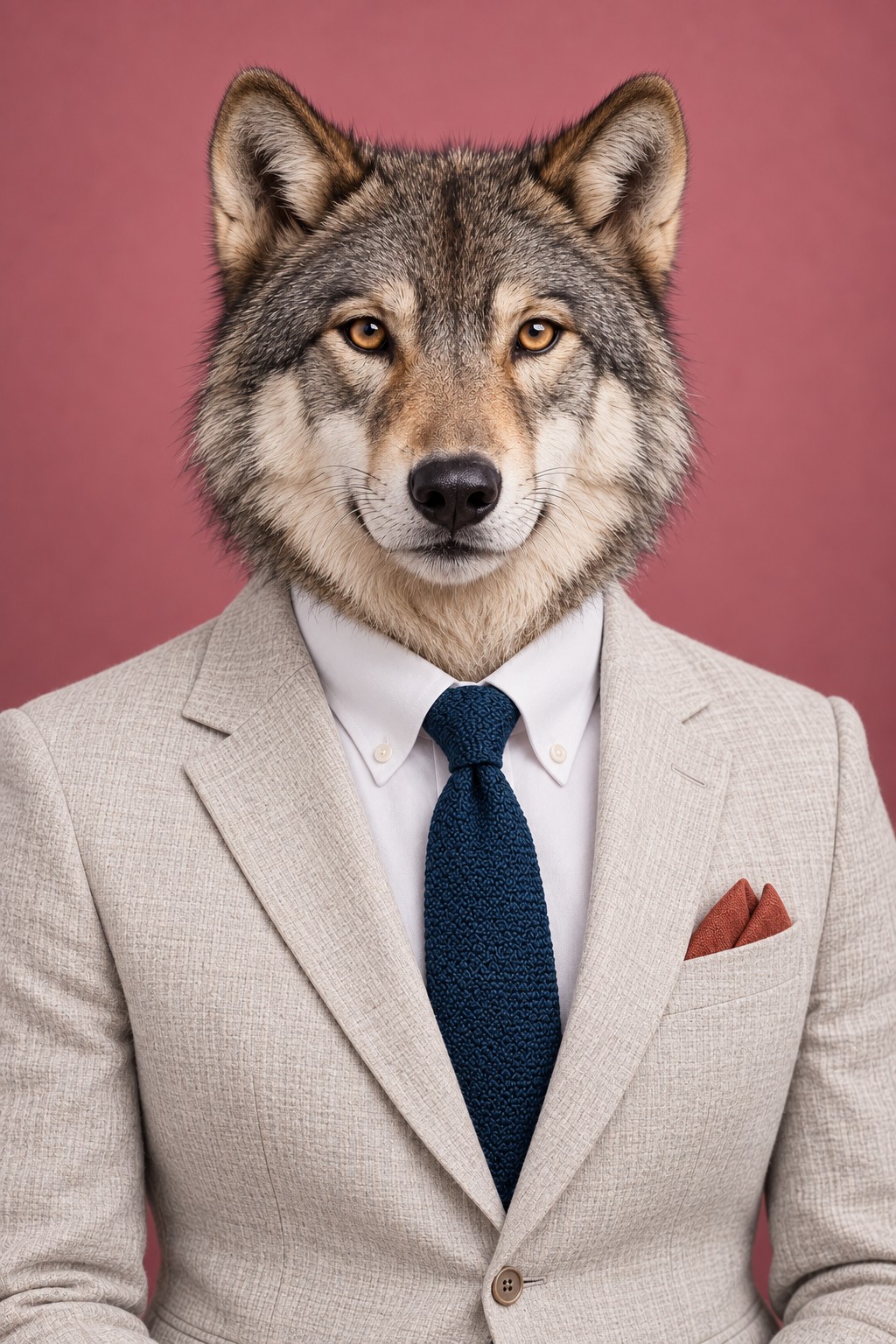 Lumen: rendered portrait of a grey wolf in tailored clothing against a coloured studio background.