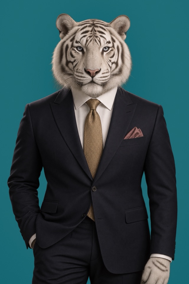 Marlowe, Proposals: rendered portrait of a white tiger with pale blue eyes, in a charcoal suit with a gold tie and dusty-rose pocket square.
