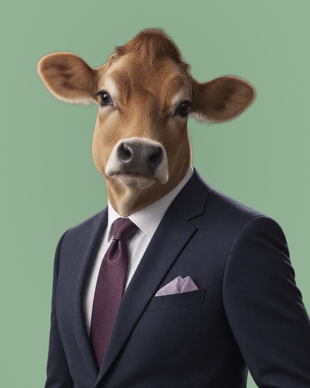 Murphy, Care: rendered portrait of a Jersey cow in a navy suit with a deep plum tie and pale lilac pocket square, facing the camera.