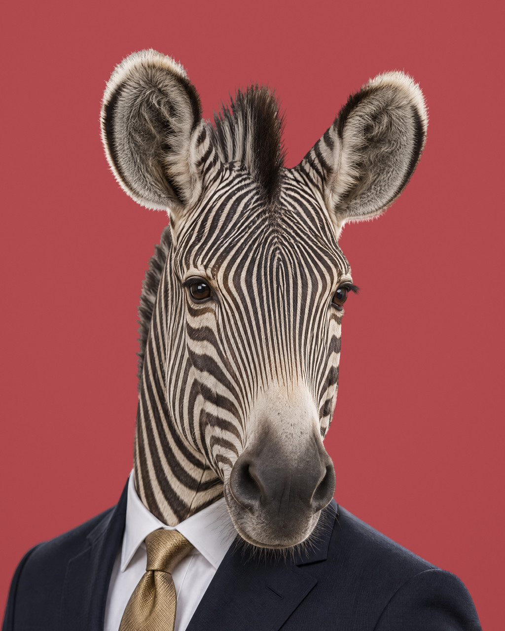 Quill: rendered portrait of a Grevy's zebra with fine narrow stripes, in a deep ink-navy suit with an antique-gold tie.
