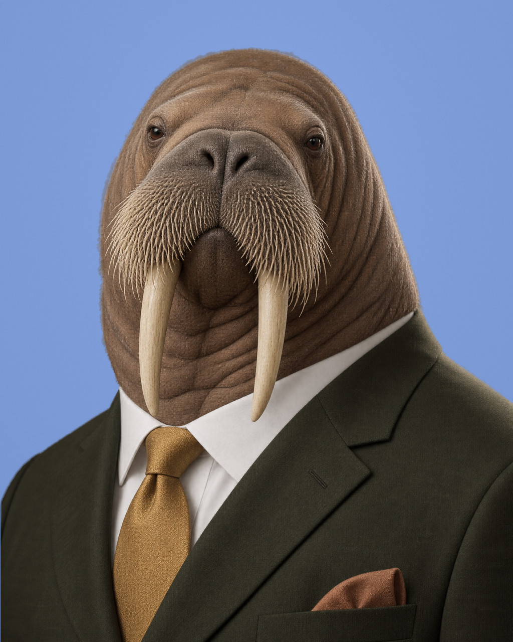 Reeve: rendered portrait of a walrus with ivory tusks, in a dark forest-olive suit with a gold-ochre tie.