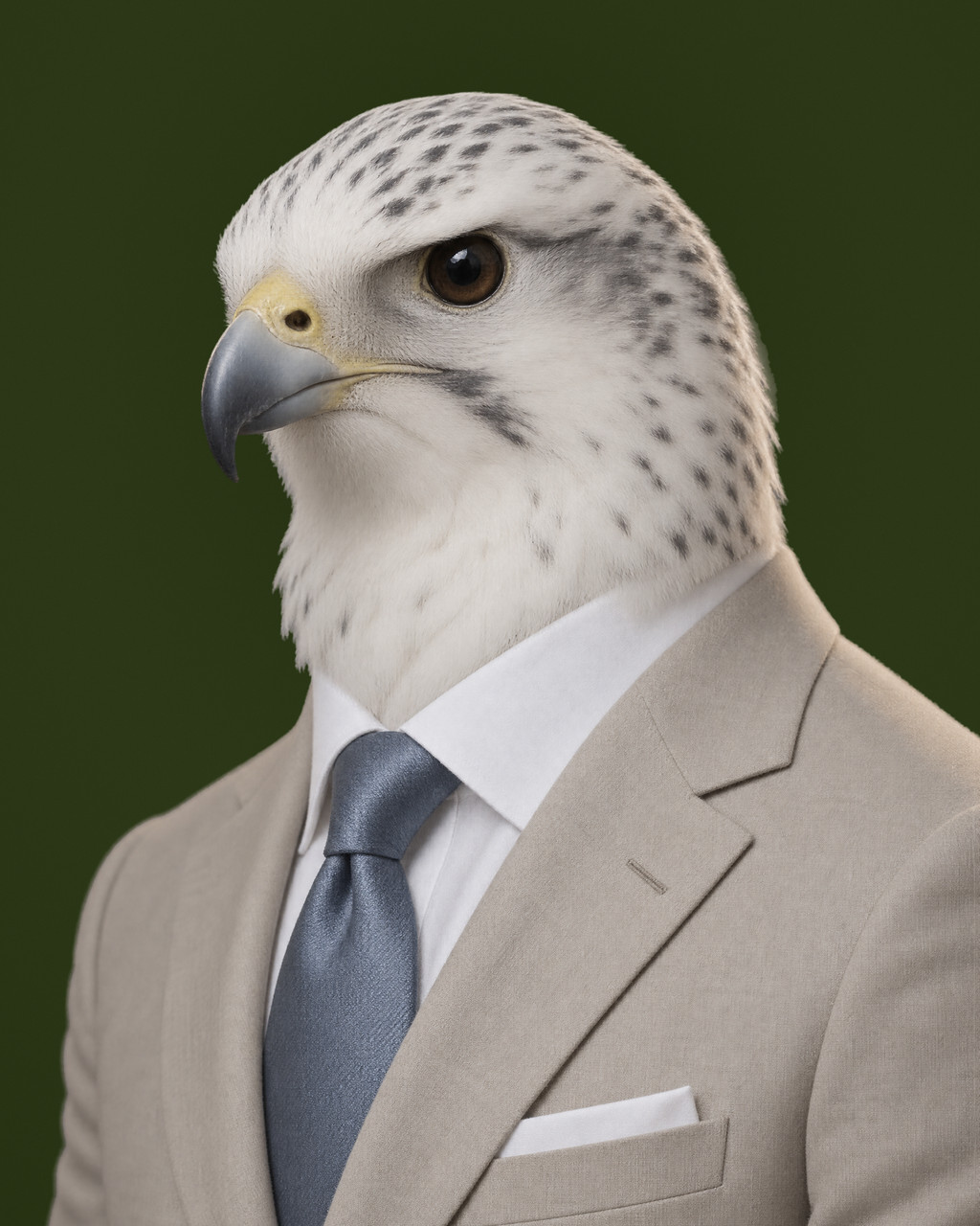 Renzo: rendered portrait of a white-morph gyrfalcon, in a pale oatmeal suit with a steel-blue tie.