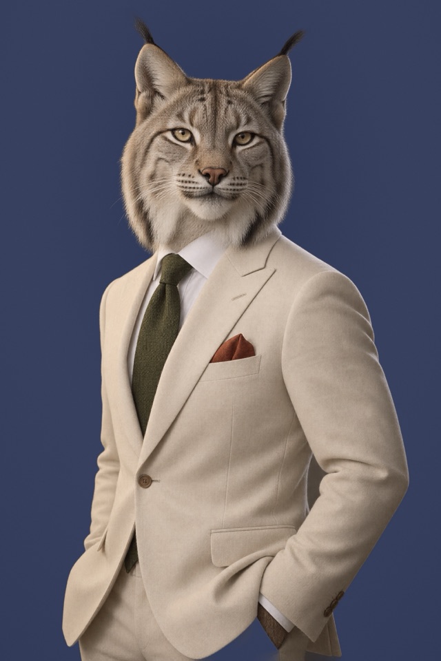 Saga, Quality: rendered portrait of a Canada lynx in a pale stone suit with a dark olive tie and rust pocket square.