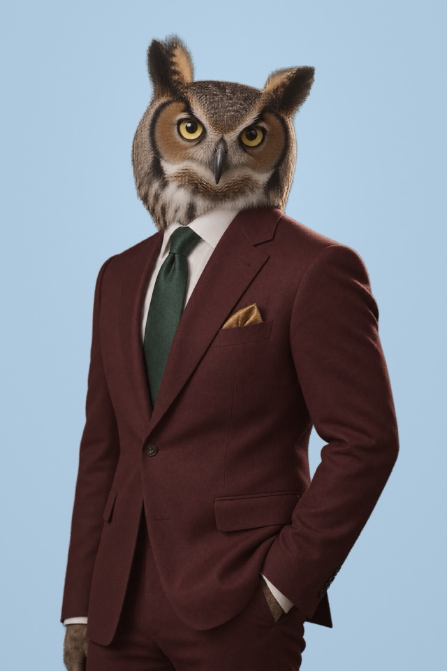 Soren, Research: rendered portrait of a great horned owl in a burgundy suit with a dark green tie and gold pocket square, framed like a formal business headshot.