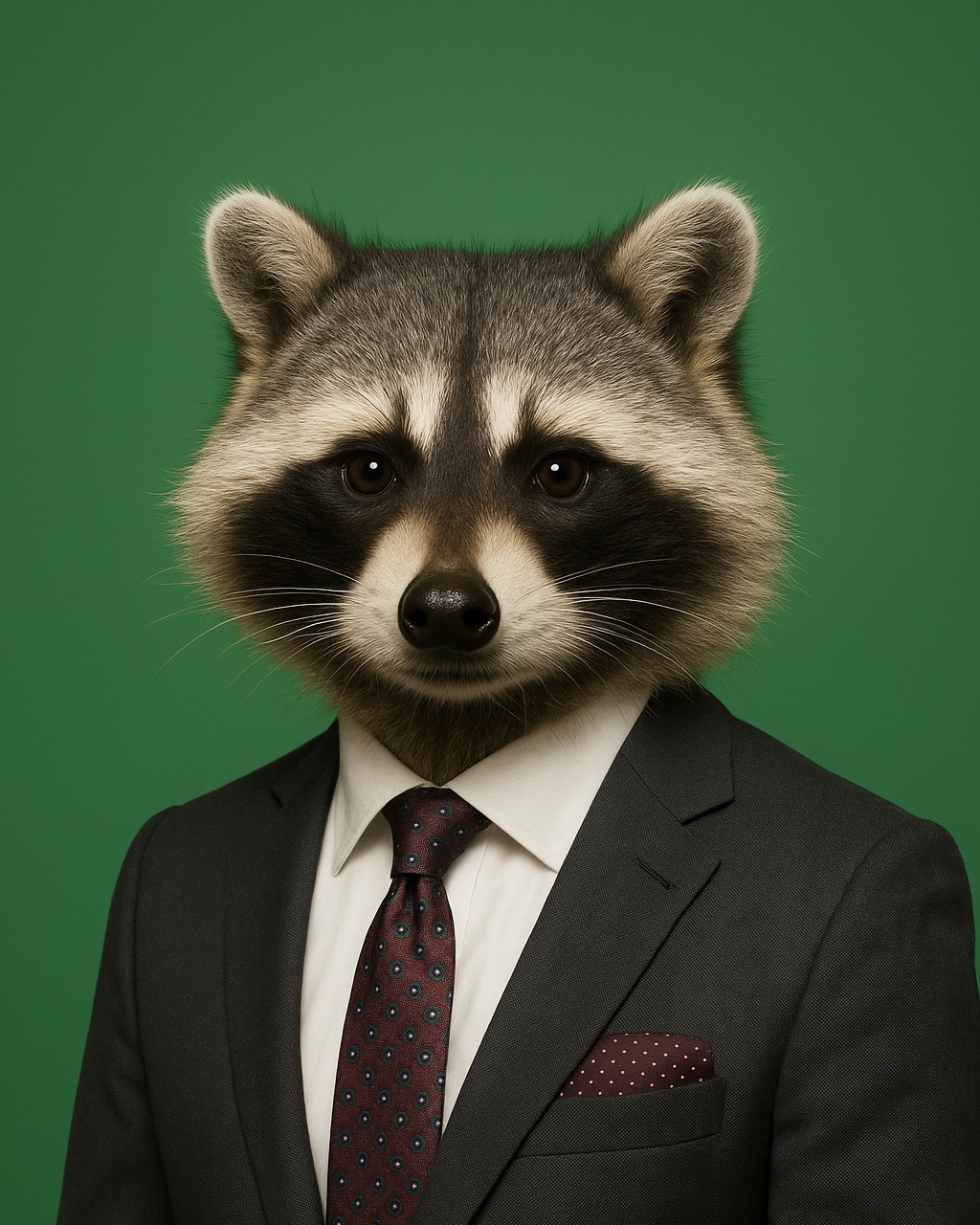 Sterling: rendered portrait of a raccoon in a charcoal suit with a burgundy patterned tie.