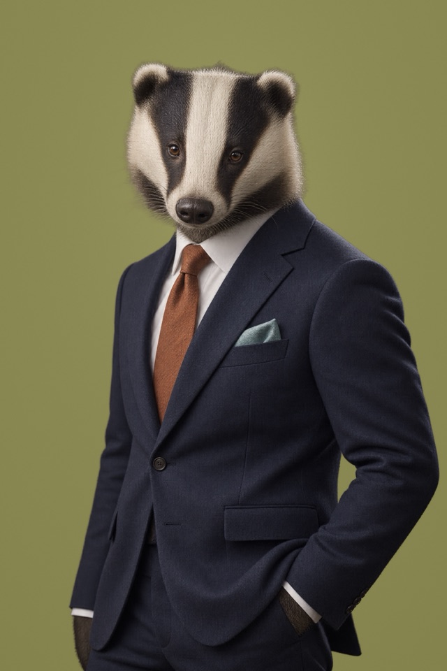 Tahoma, Engineering: rendered portrait of a European badger with black and white head stripes, in a soft navy flannel suit with a rust-orange tie.