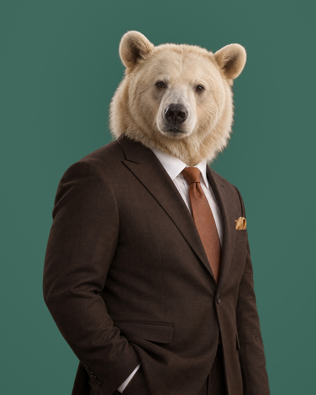 Tove: rendered portrait of a Kermode bear, a black bear with a cream-white coat, in a chocolate-brown suit with a terracotta tie.