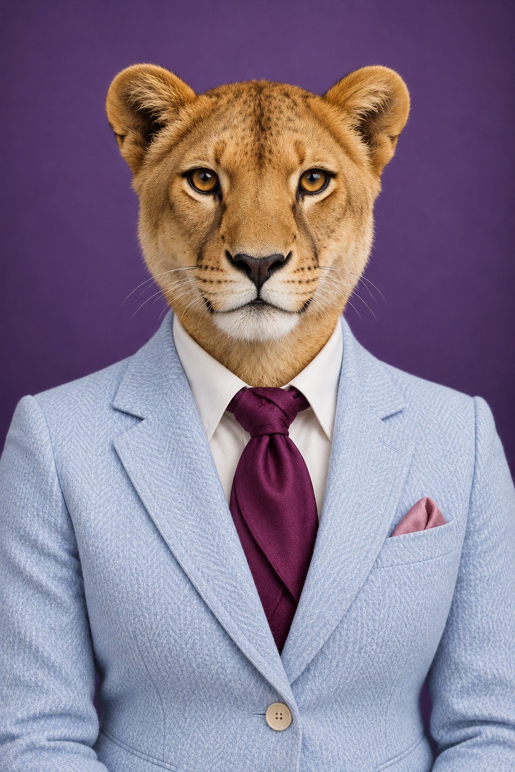 Verity: rendered portrait of a lion in tailored clothing against a coloured studio background.