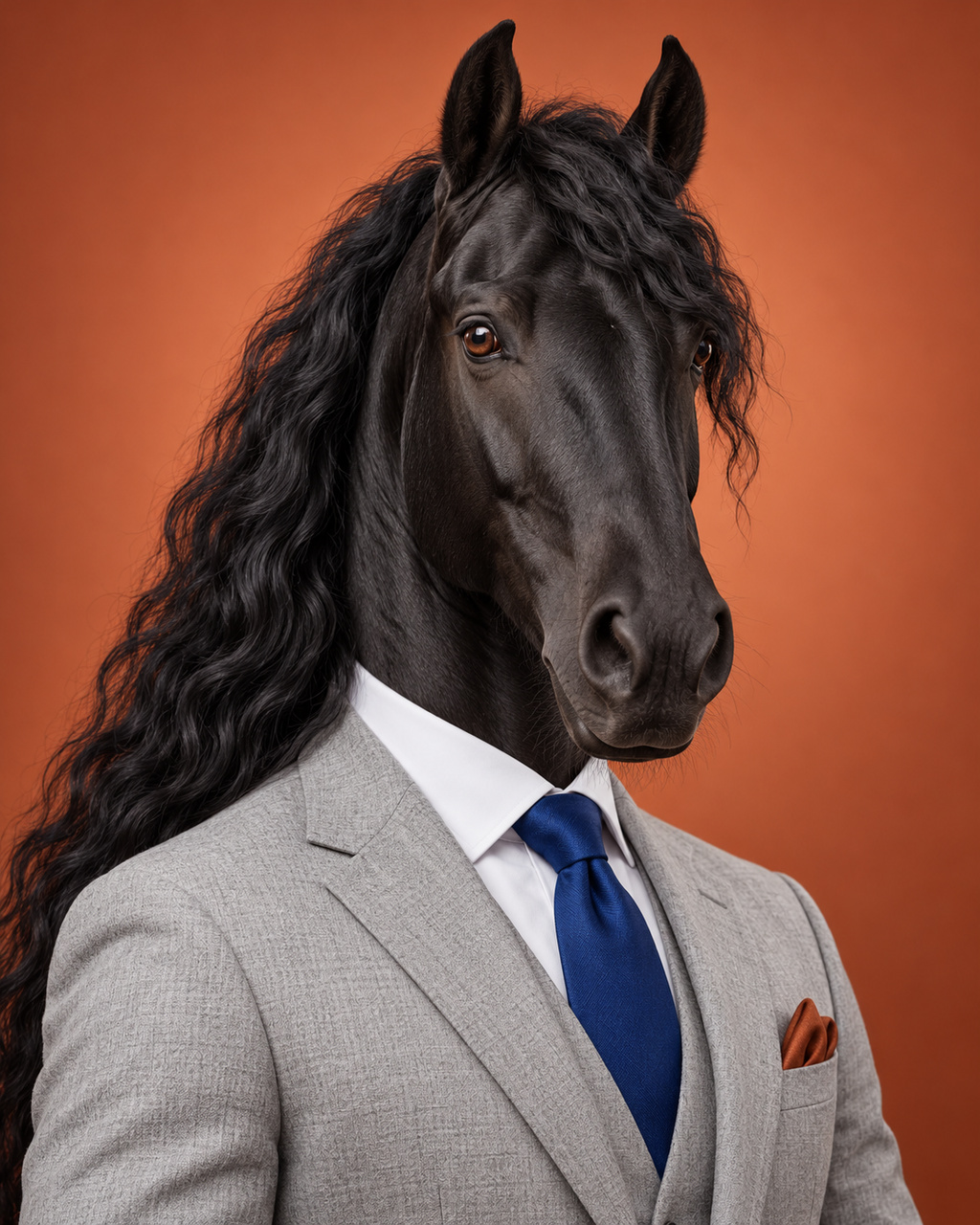 Vesper, Platform Intelligence: rendered portrait of a black Friesian horse in tailored clothing against a coloured studio background.