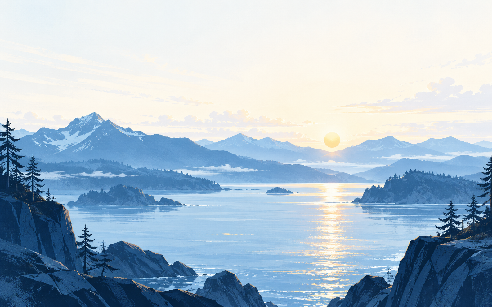 Layered coastal mountains reflected in still blue water, with a warm sun above the horizon
