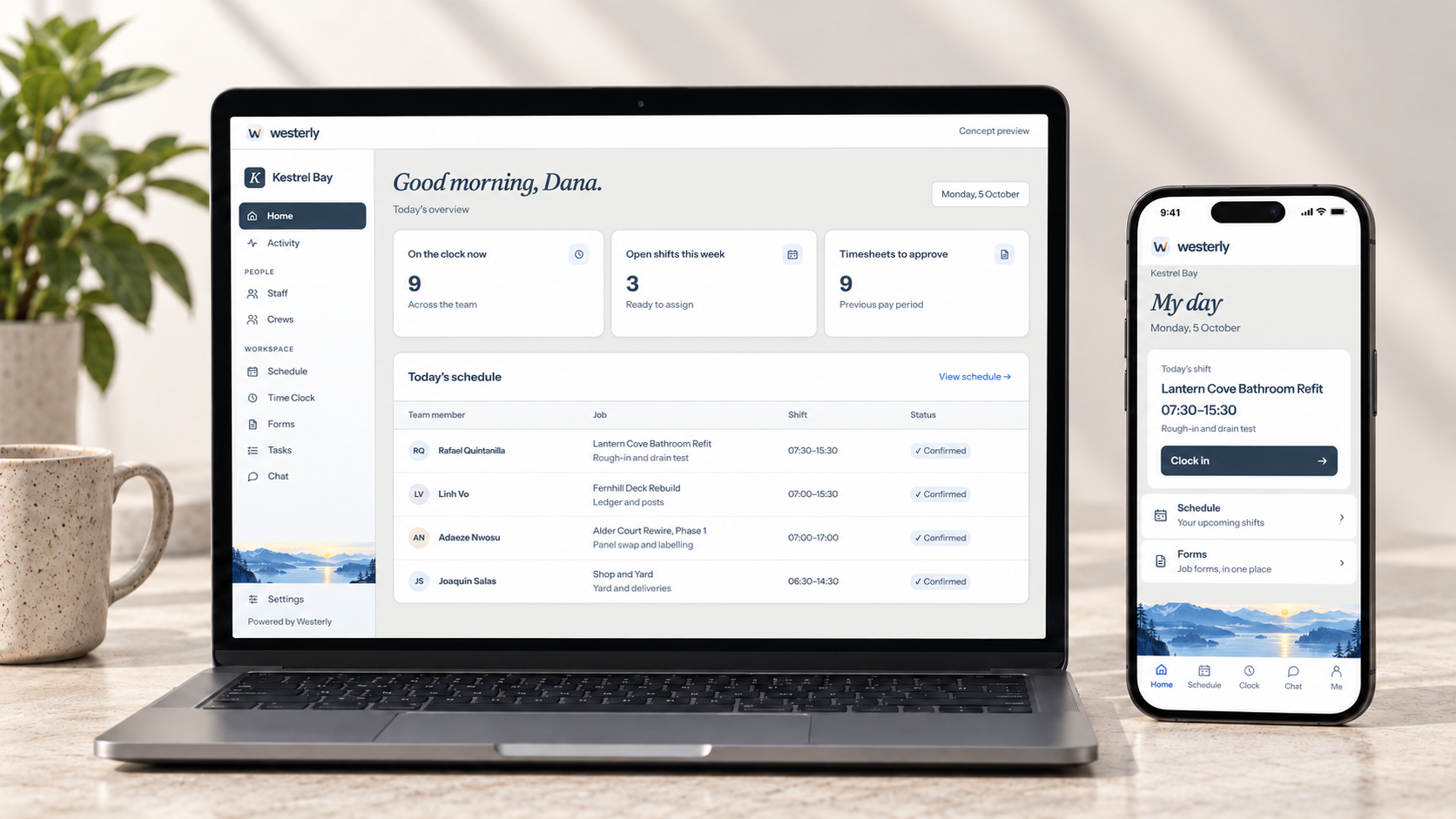 Westerly concept showing a soft-stone workspace with white cards on desktop and phone