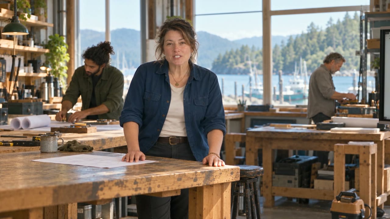 Fictional commercial scene showing a business owner speaking inside a bright workshop